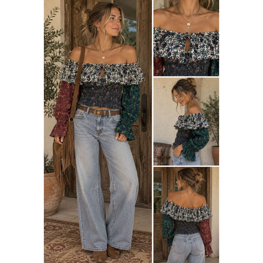 Vintage Boho Floral Off Shoulder Ruffle Sleeve Smocked Top Small Cottagecore